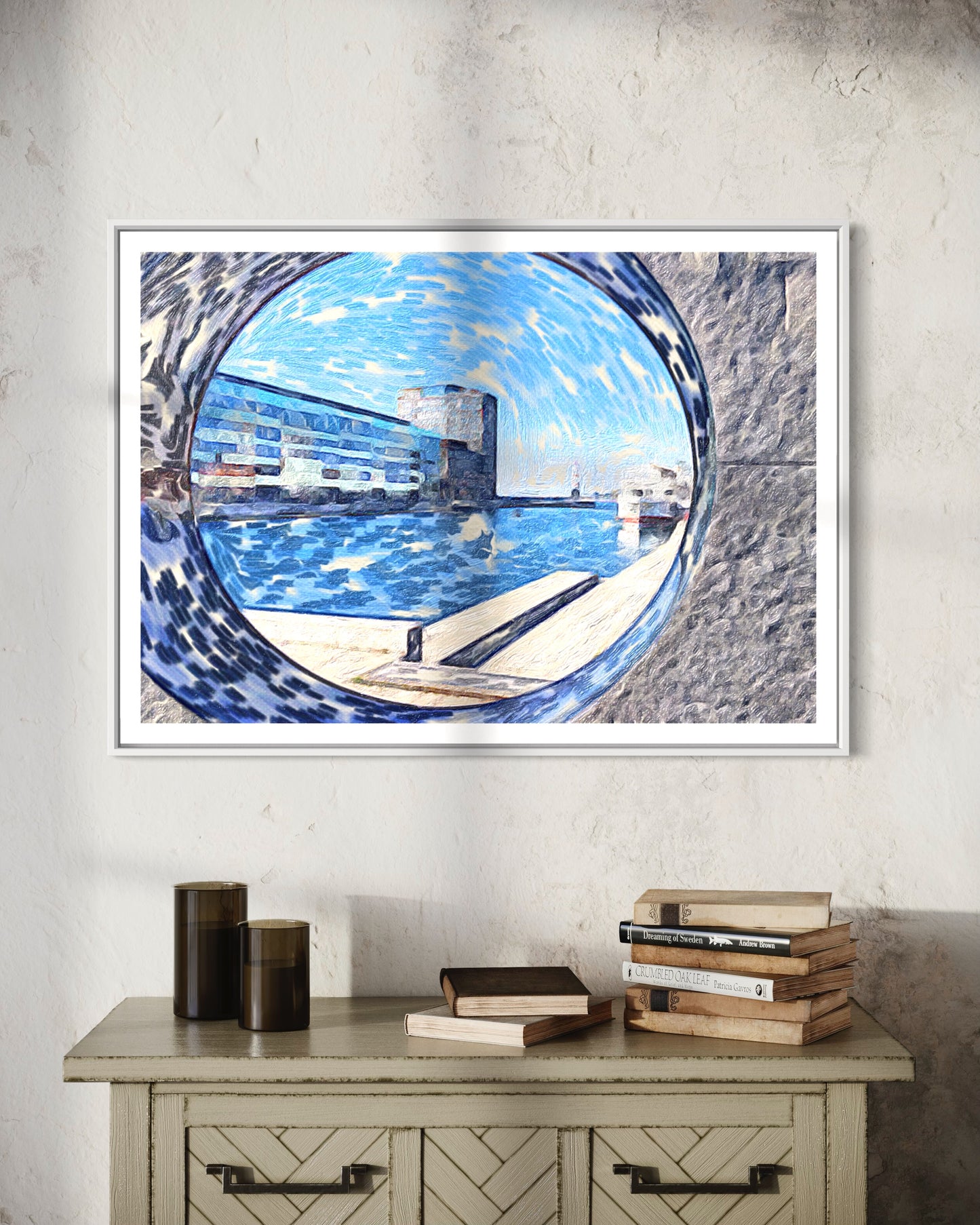 Konstposter med utsikt över Malmö genom 'Utblick/Insikt' med blåa nyanser och reflektioner i kanalvatten.