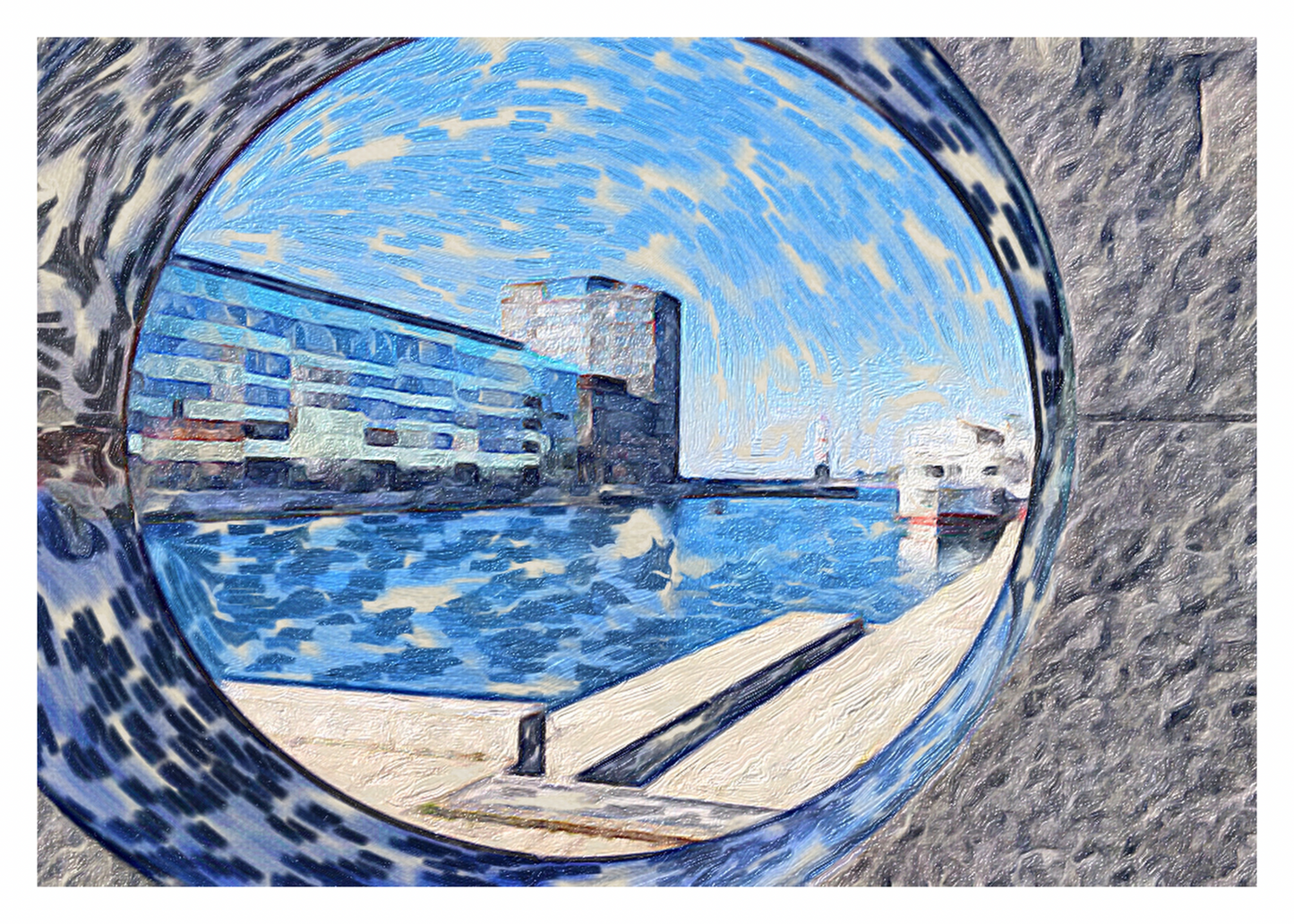 Konstposter med utsikt över Malmö genom 'Utblick/Insikt' med blåa nyanser och reflektioner i kanalvatten.