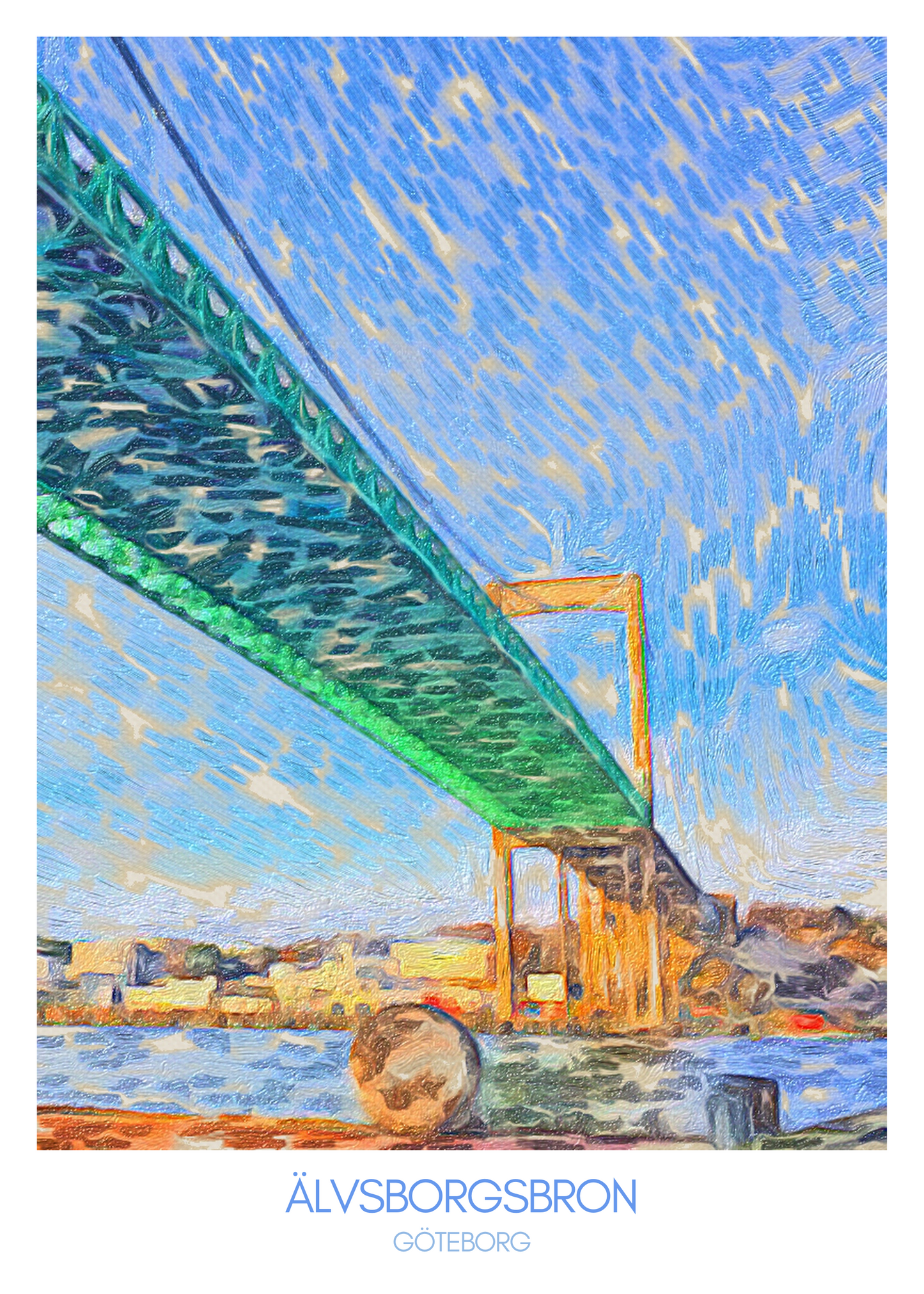 Konstposter av Älvsborgsbron i Göteborg målad från Röda Sten, med levande gröna färger och detaljrika konturer som fångar bron och dess arkitektoniska storhet.