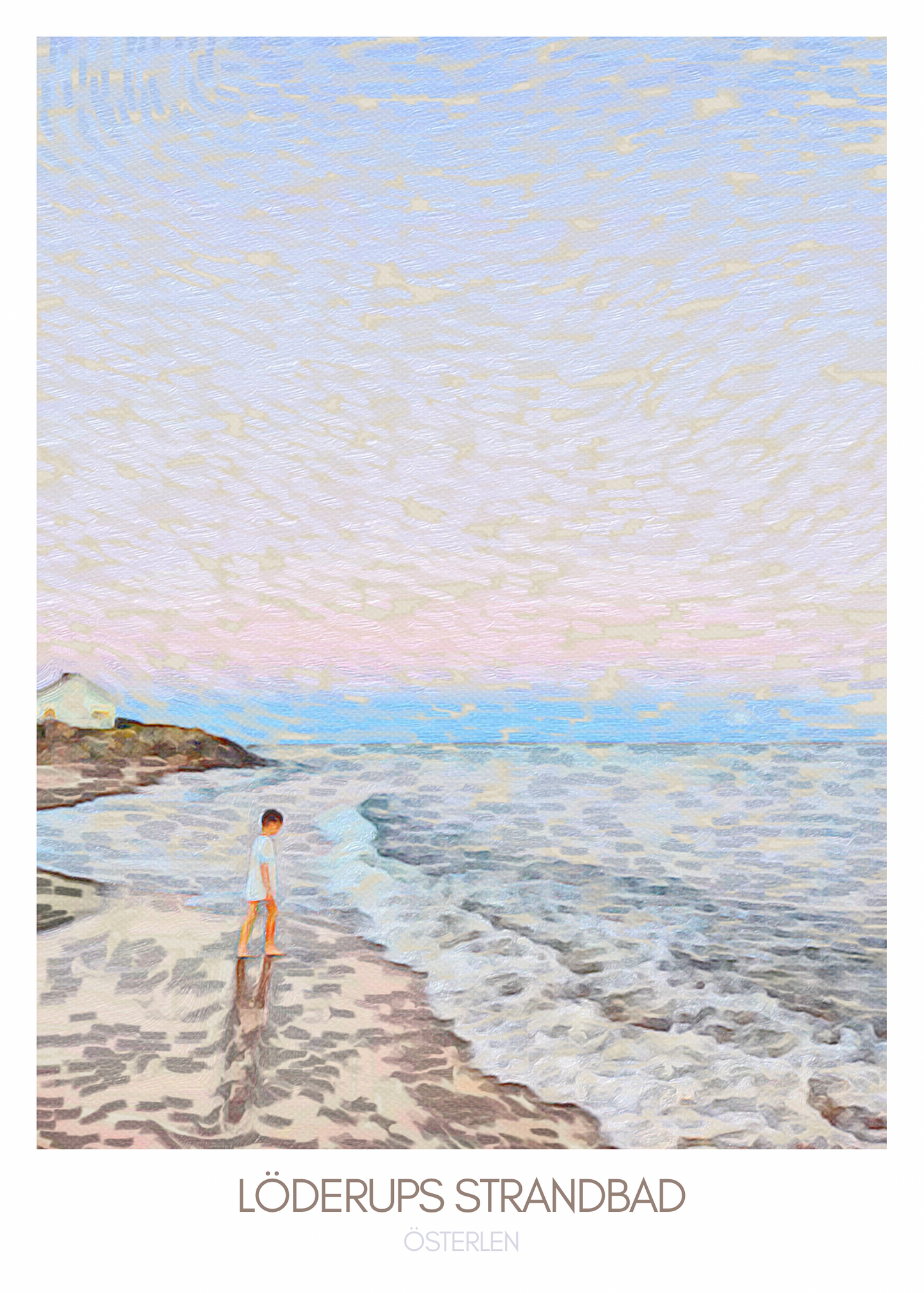 Pojke som står vid strandkanten på Löderups Strandbad med vågor som bryter under en rosablå skymningshimmel - stämningsfull svensk strandposter.