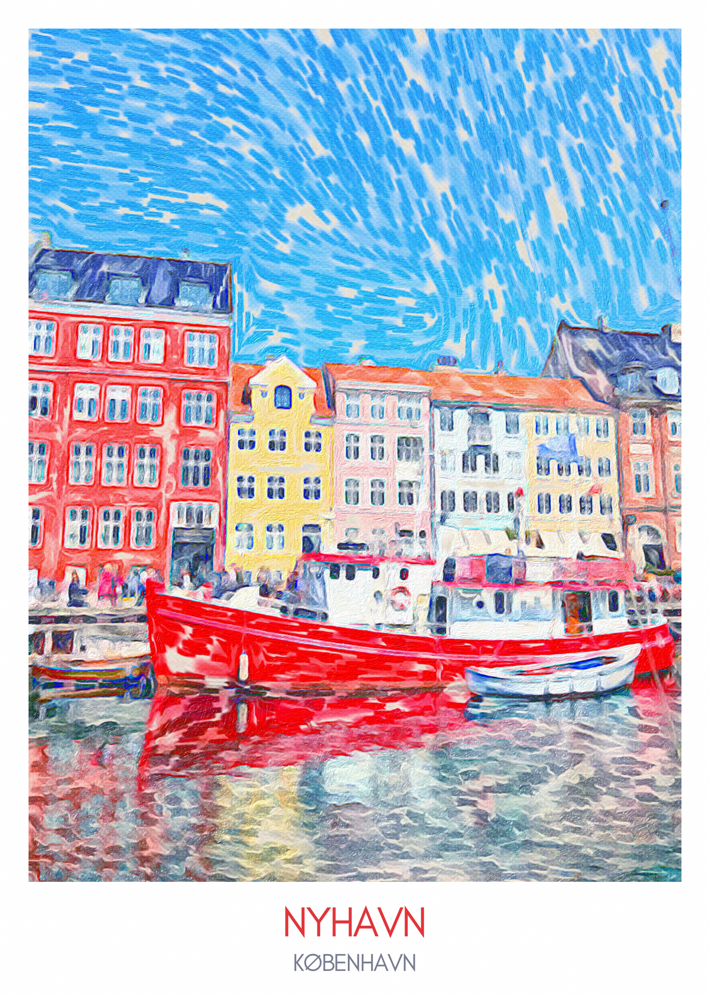 Livliga Nyhavn-scener på en konstnärlig poster med färgstarka hus och vattenreflektioner