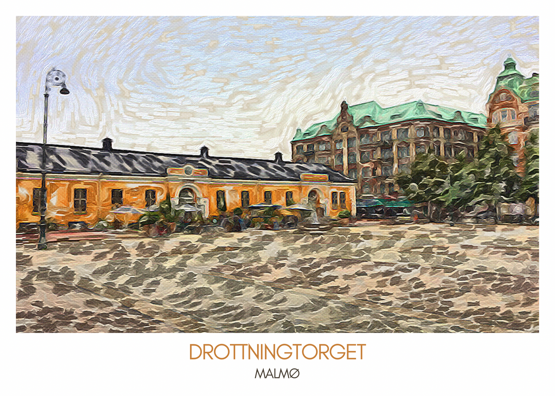 Bild på en poster som visar Drottningtorget i Malmö med Boulebaren, en konverterad 1800-tals ridhusbyggnad, i nostalgisk och pittoresk stil.
