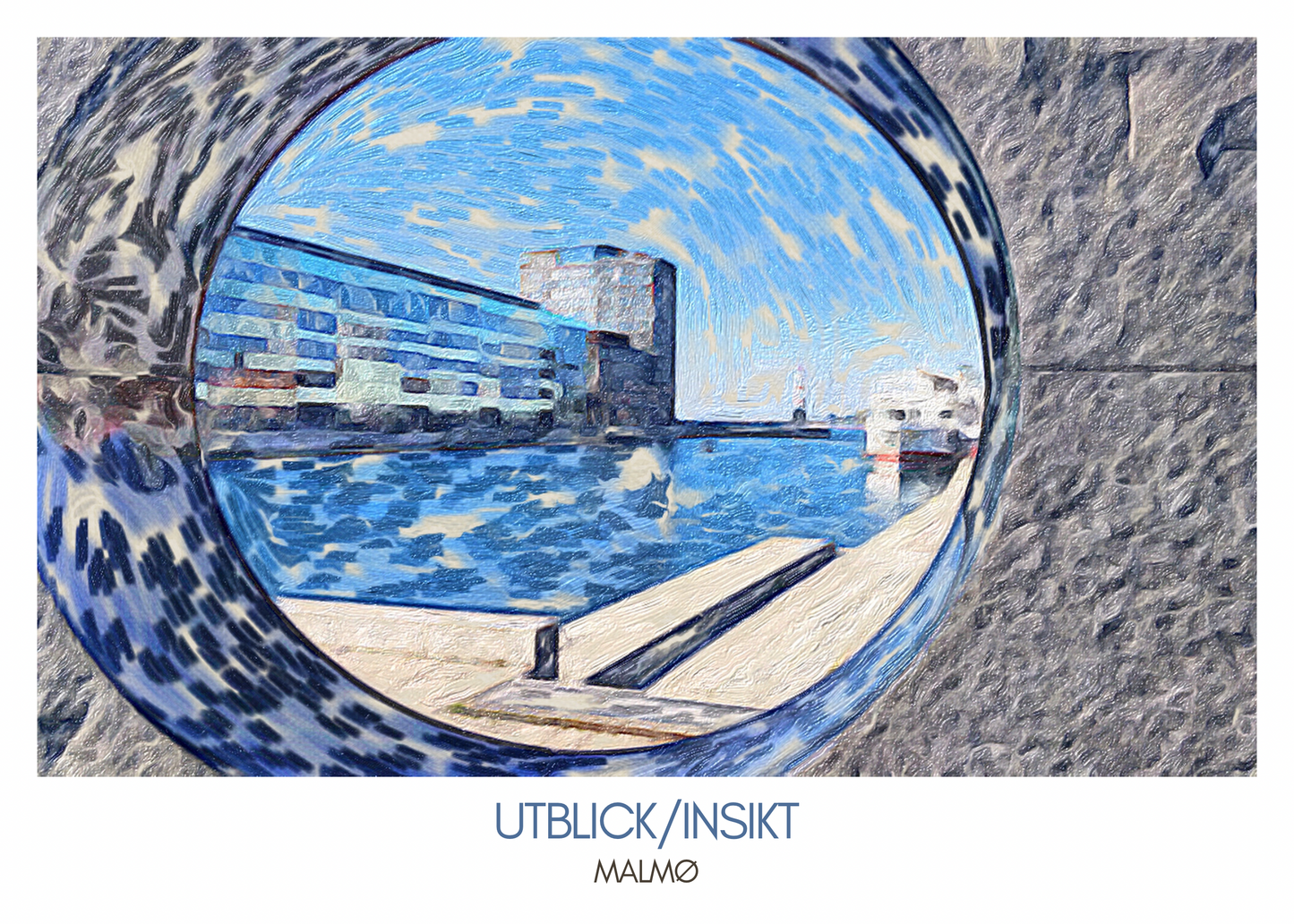Konstposter med utsikt över Malmö genom 'Utblick/Insikt' med blåa nyanser och reflektioner i kanalvatten.